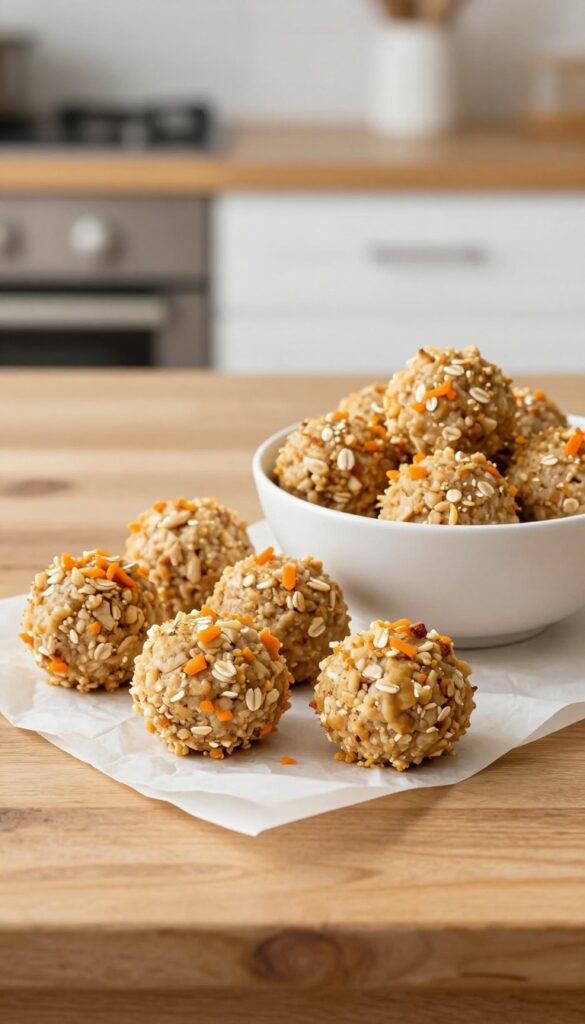 Homemade chicken and oatmeal meatballs for dogs, baked golden brown with shredded carrot, served in a white bowl on a wooden table.
