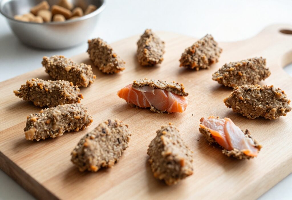 Assorted homemade dog food patties on a wooden cutting board, including beef, chicken, salmon, and turkey varieties, with a dog bowl in the background.