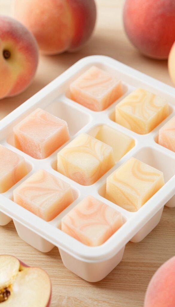 Homemade frozen dog treat cubes made from peach puree and unsweetened applesauce, marbled together in a silicone ice cube tray.