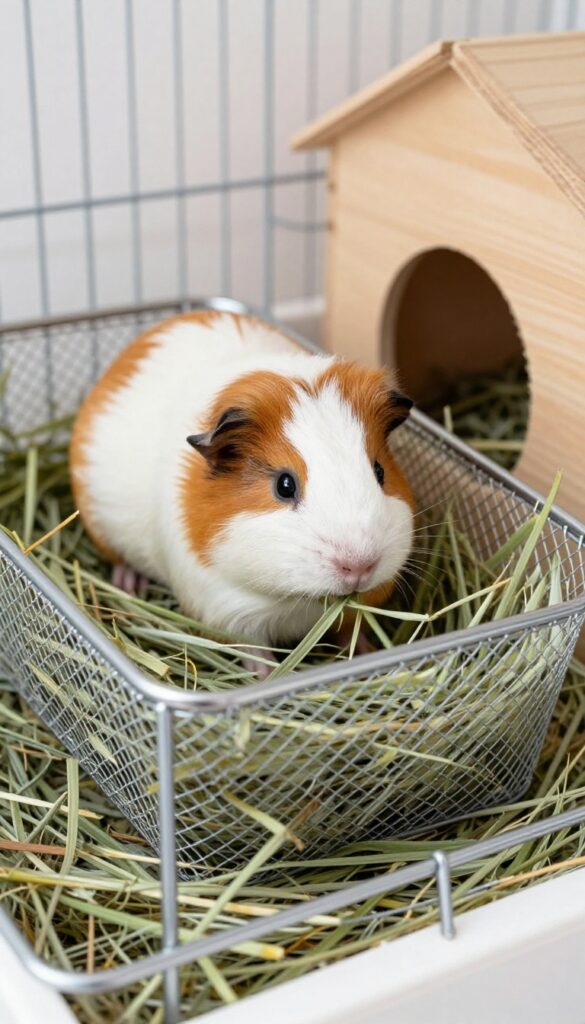 DIY hay rack made from a wire basket attached to a guinea pig cage, with a guinea pig eating hay through the mesh.