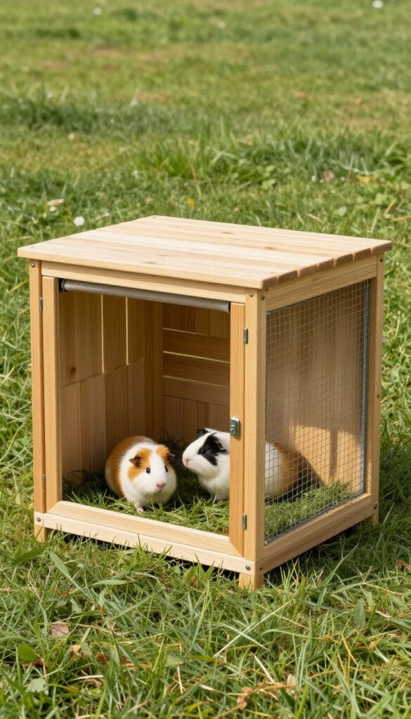 Custom-built A-frame guinea pig shelter with attached run in a sunny backyard