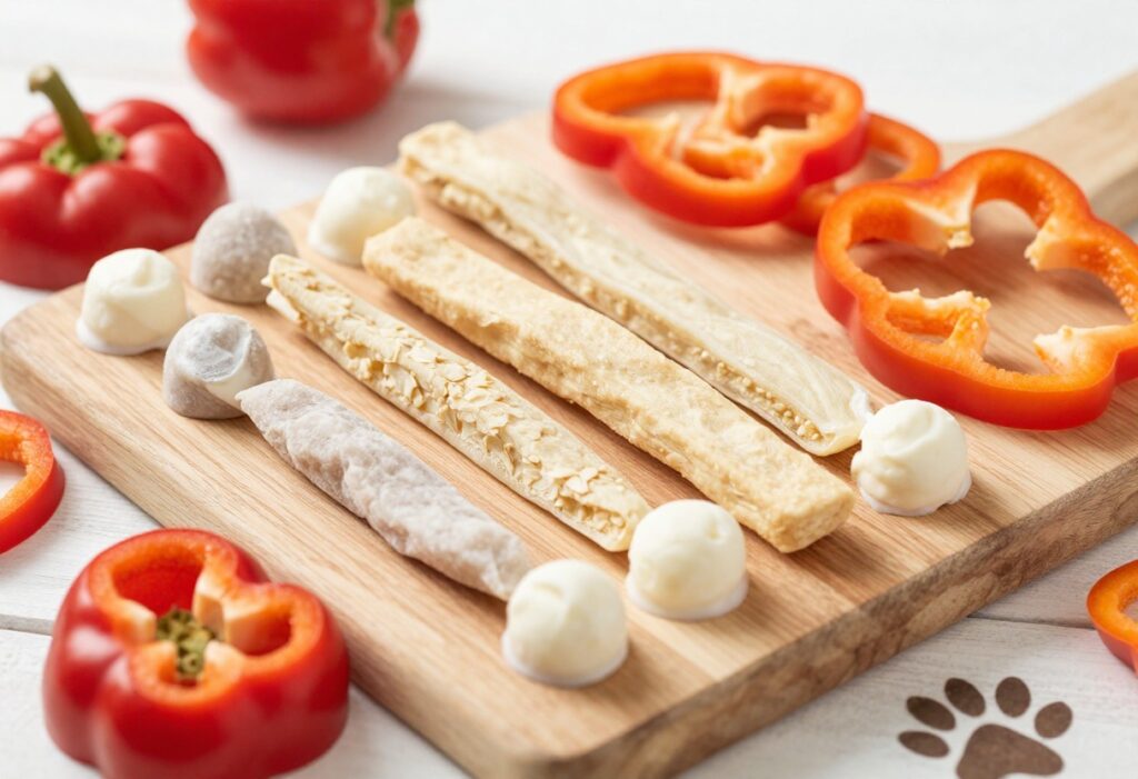 Homemade bell pepper dog treats arranged on a wooden board, including frozen bites, dehydrated strips, and baked biscuits.