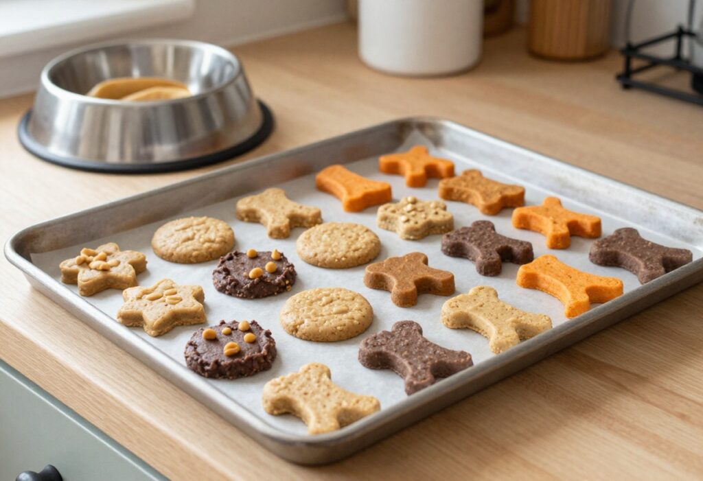 Sheet pan with homemade dog treats including peanut butter biscuits, sweet potato chews, and pumpkin bites on a rustic kitchen counter.