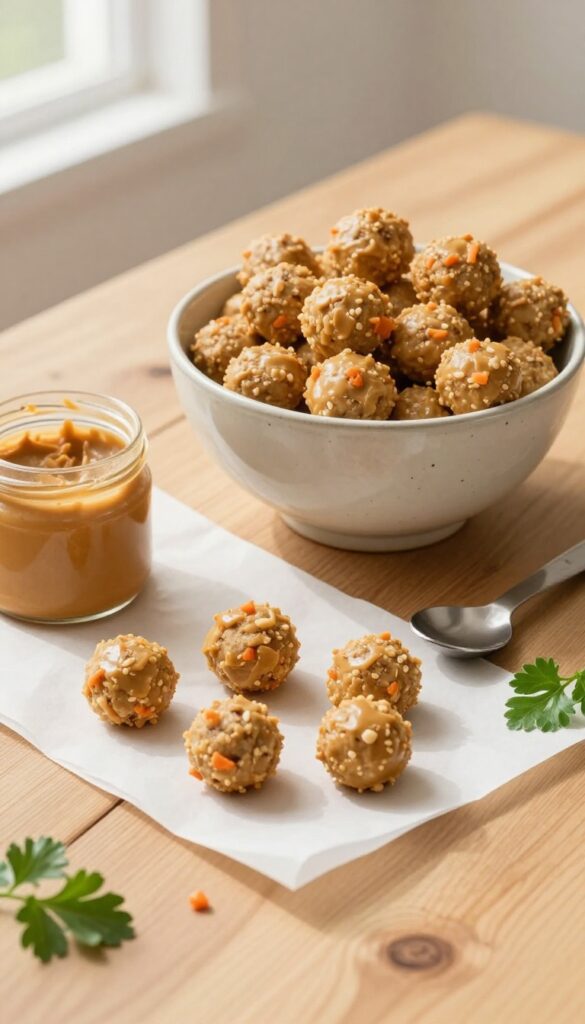 Homemade chicken and peanut butter dog meatballs in a ceramic bowl on a wooden table, with parchment paper and peanut butter jar, natural light.