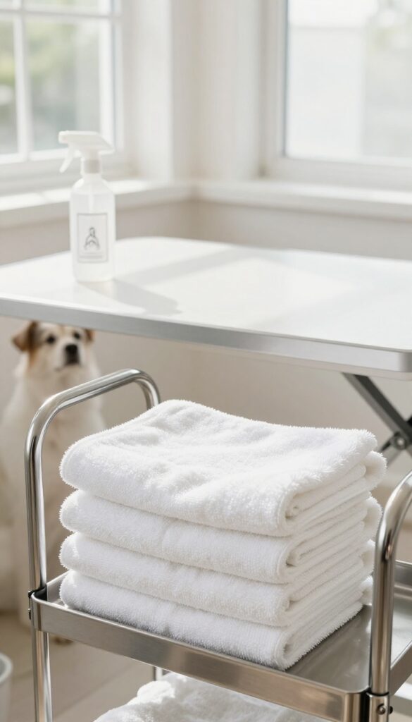 Grooming salon with visible cleanliness station, stacked towels, and sanitizing supplies in bright natural light.