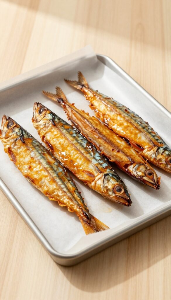 Homemade dehydrated mackerel dog jerky strips on a baking sheet, crispy and golden, perfect for a protein-rich dog treat.