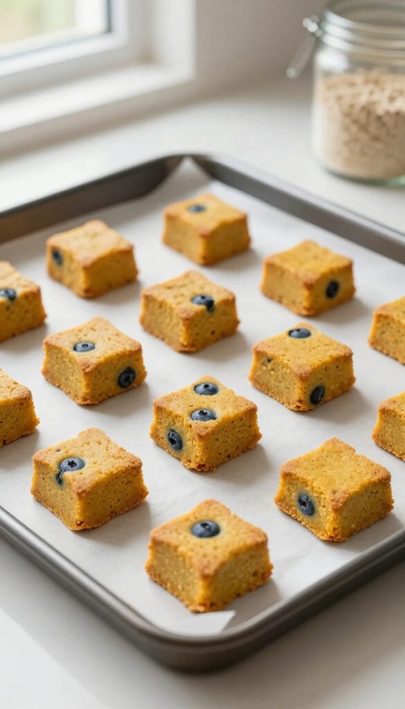 Homemade pumpkin and blueberry dog treats baked on a sheet pan, cut into small squares, on a kitchen counter with natural light.