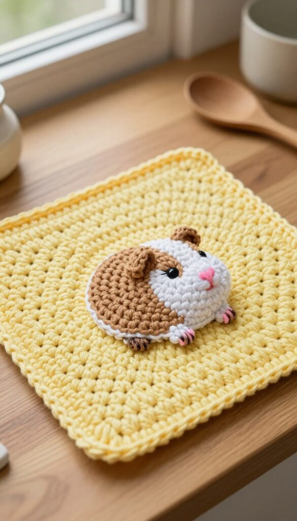 Crocheted guinea pig potholder on a kitchen countertop