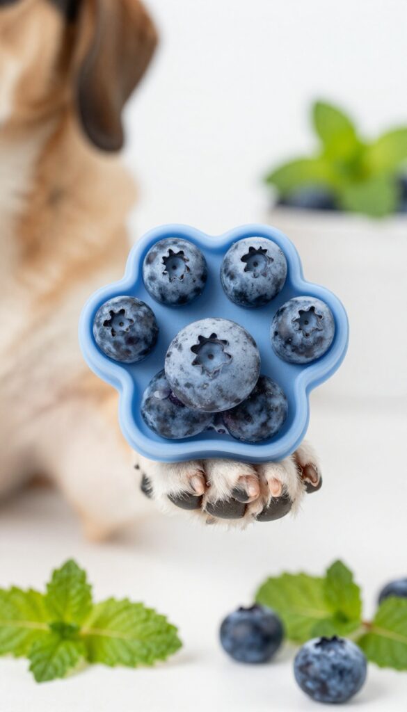 A dog holding a frozen blueberry and mint treat in a paw-shaped mold on a sunny day.