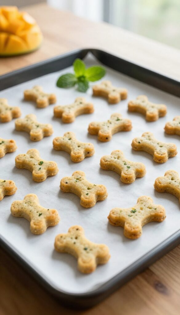 Homemade mango mint dog treats baked golden brown with visible herb flecks, arranged on a parchment-lined baking sheet with fresh mint and mango garnish.