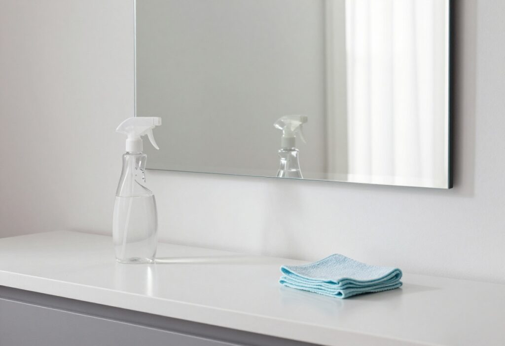 Sparkling clean mirror with cleaning supplies