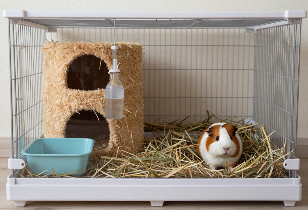 Well-set-up guinea pig cage with hideout, hay rack, and tunnels