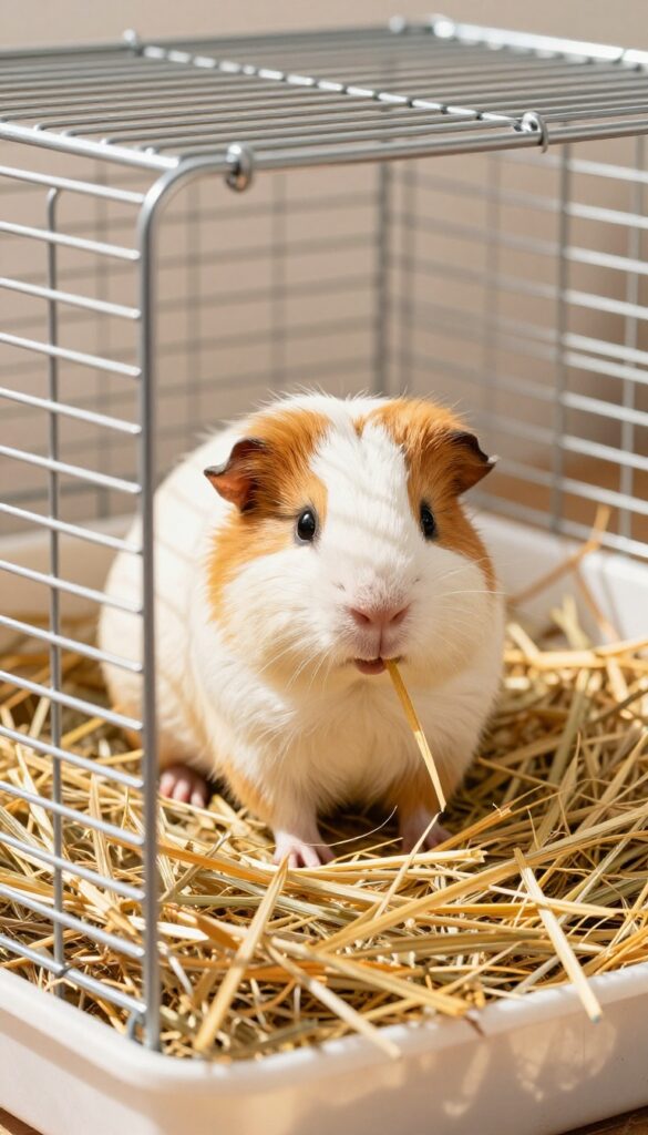 Guinea pig pulling hay from a metal hay feeder rack attached to a wire cage, with natural lighting and clean bedding.