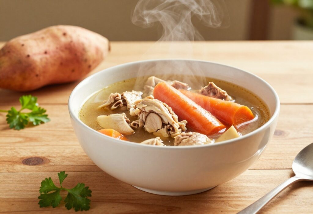 Homemade dog stew with chicken and carrots in a ceramic bowl on a wooden table, steam rising, dog-safe ingredients nearby.