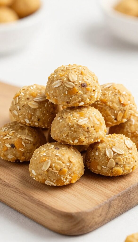 Homemade pumpkin and oatmeal chewy round dog treats stacked on a wooden board, soft texture, natural lighting.