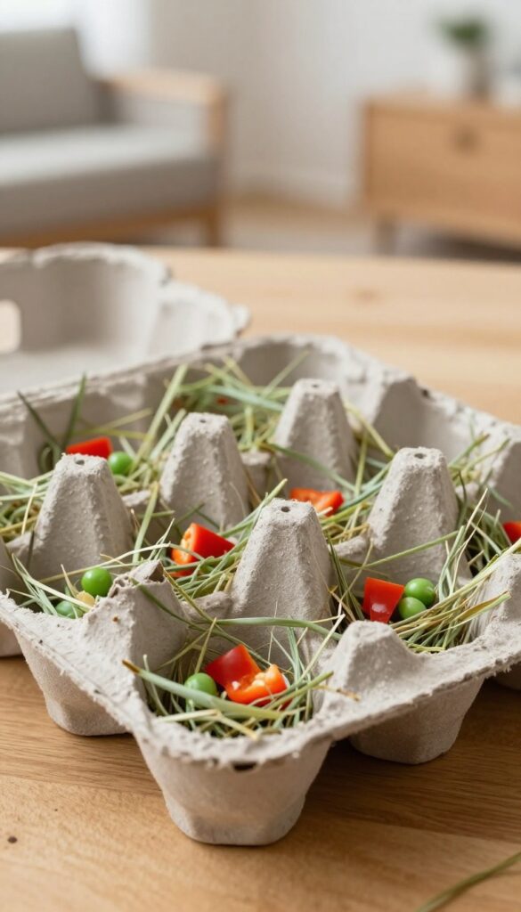 Cardboard egg carton filled with hay and small treats for guinea pig foraging toy