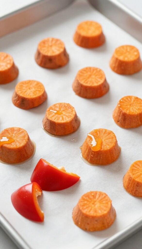Homemade dog treat ingredients: sweet potato slices and red bell pepper chunks tossed in coconut oil on a baking sheet, ready for baking.