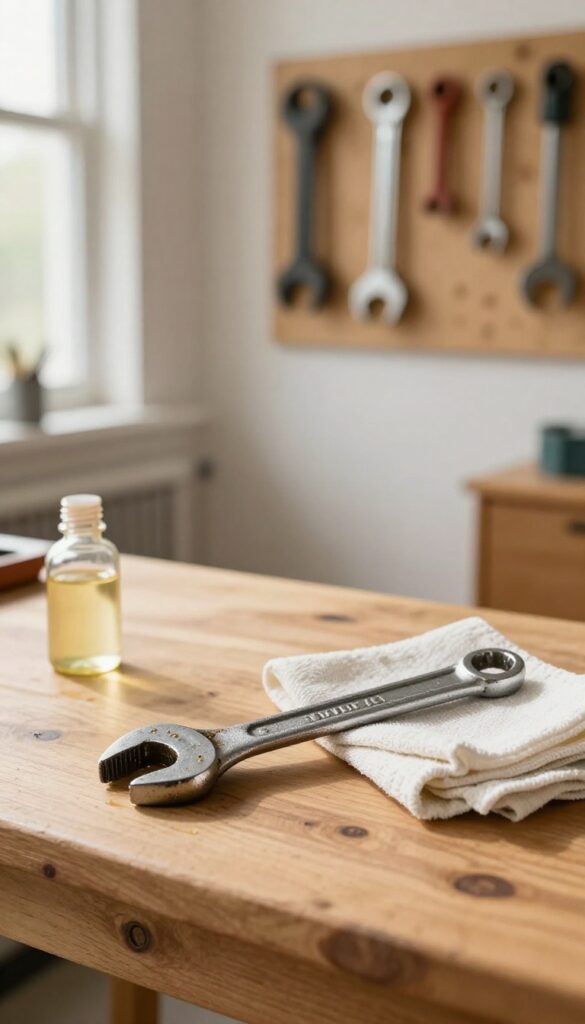 Close-up of a clean, oiled wrench on a wooden workbench with a bottle of mineral oil and a cloth, in a bright garage.
