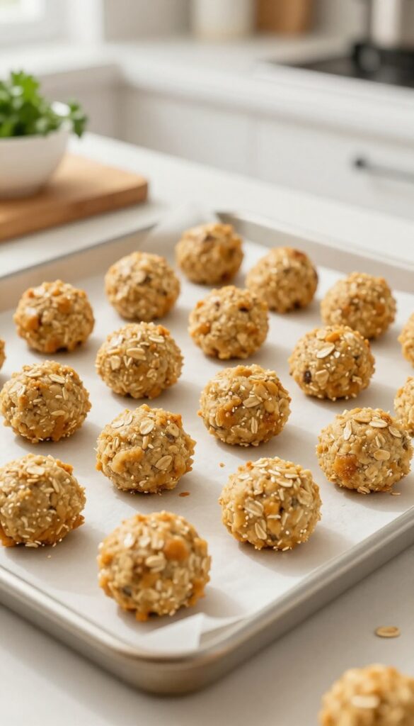 Homemade chicken and oatmeal dog meatballs on a parchment-lined baking sheet, golden brown and textured, with oat flecks visible, in bright natural light.