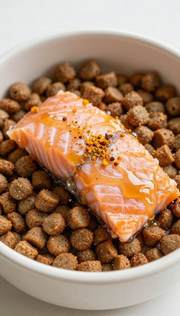 Dog bowl with kibble topped with flaked salmon and coconut oil