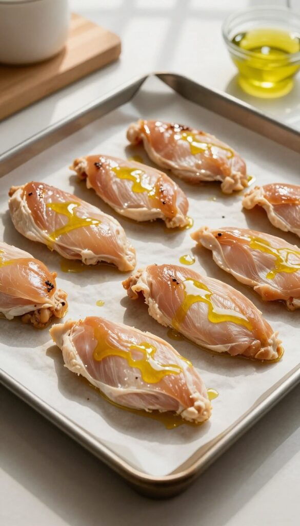 Raw chicken breast strips on a baking sheet for homemade dog jerky