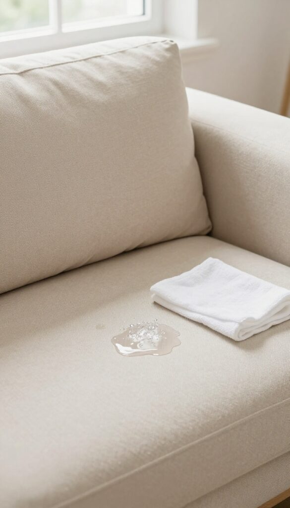 Club soda being poured onto a fresh spill on a beige couch cushion to prevent stiffness