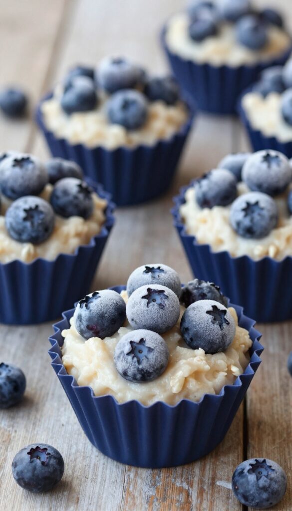 Frozen blueberry and oatmeal cups for dogs in silicone muffin cups on a wooden table, photorealistic pet food photography.