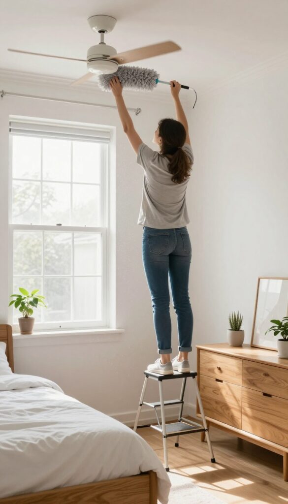 Person dusting a ceiling fan with an extendable duster in a sunlit bedroom