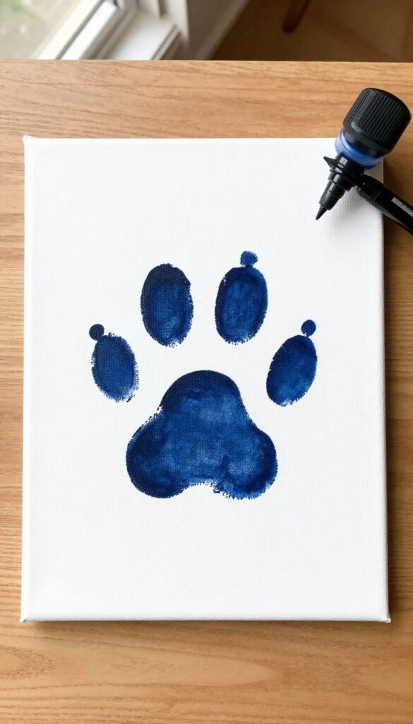 Single paw print on a small canvas with paint and marker beside it