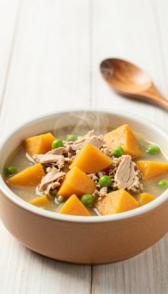 Homemade soft dog food stew with ground turkey and sweet potato in a dog bowl, steam rising, natural light.