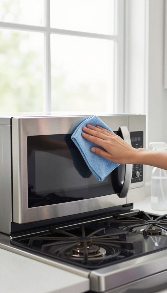 Hand wiping a stainless steel microwave door with a microfiber cloth in a bright kitchen