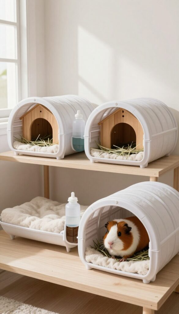 Two guinea pig cages connected by a plastic tunnel, with bedding, hideouts, hay racks, and water bottles, in a bright room.