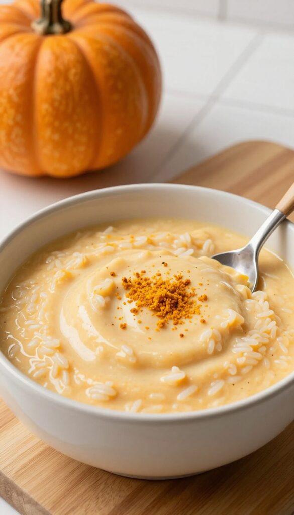 A dog bowl of pumpkin and rice soothing bowl with turmeric, on a wooden table in natural light, dog food photography style.