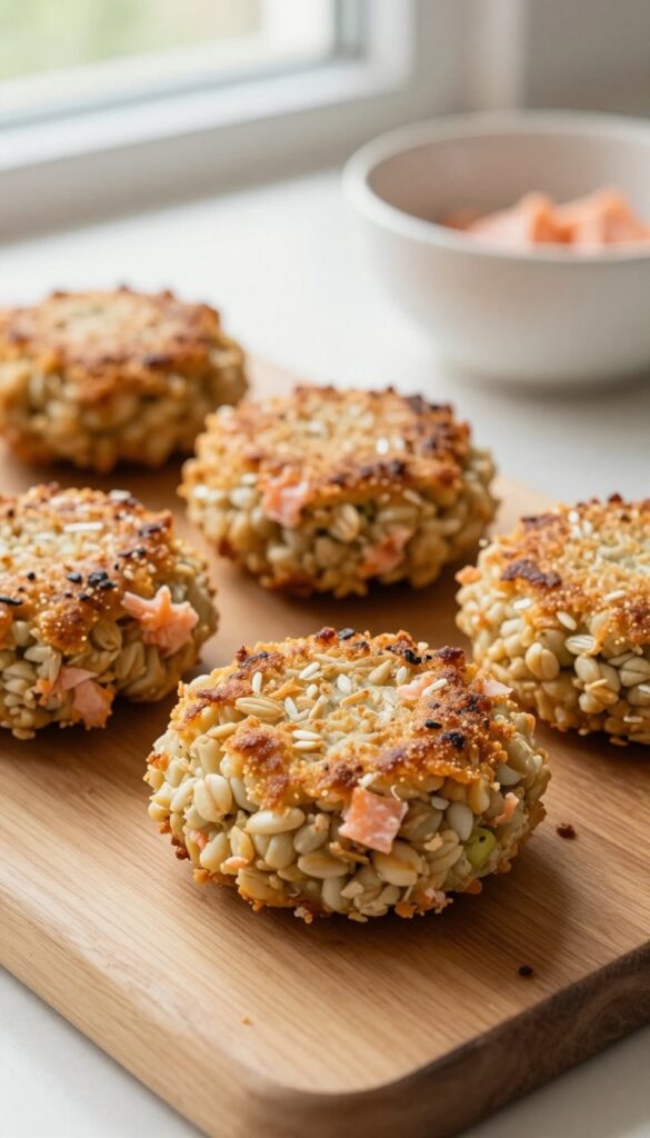 Homemade salmon barley patties for dogs, golden brown and arranged on a wooden board, with a dog bowl nearby.