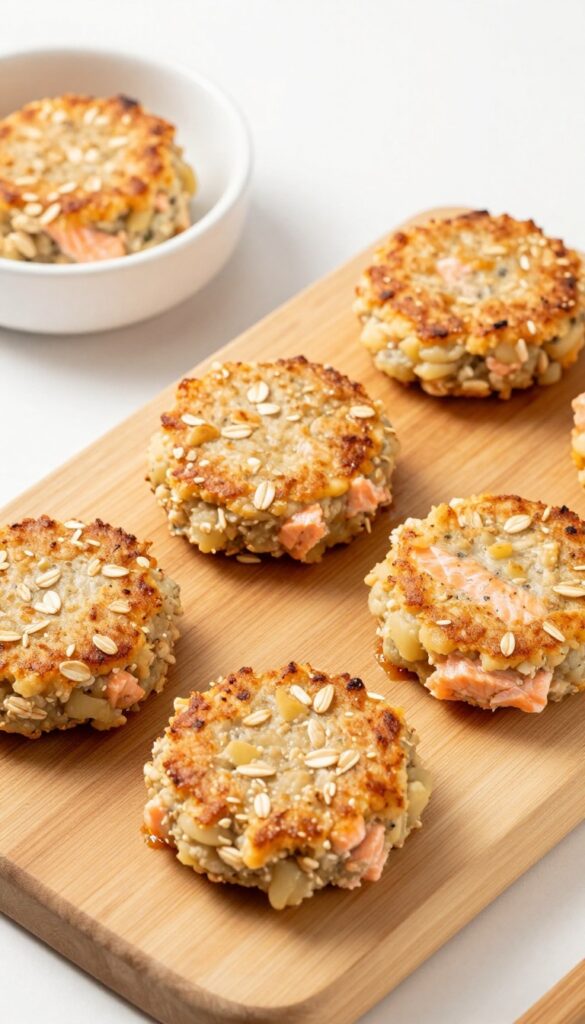 Homemade parsnip and salmon patties for dogs arranged on a cutting board with a dog bowl