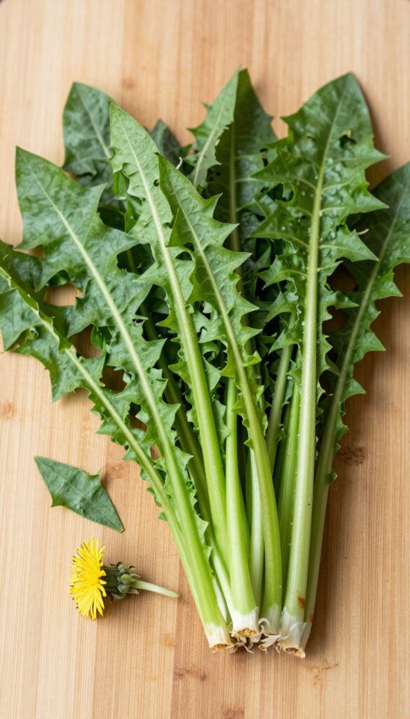 Fresh dandelion greens on a wooden cutting board