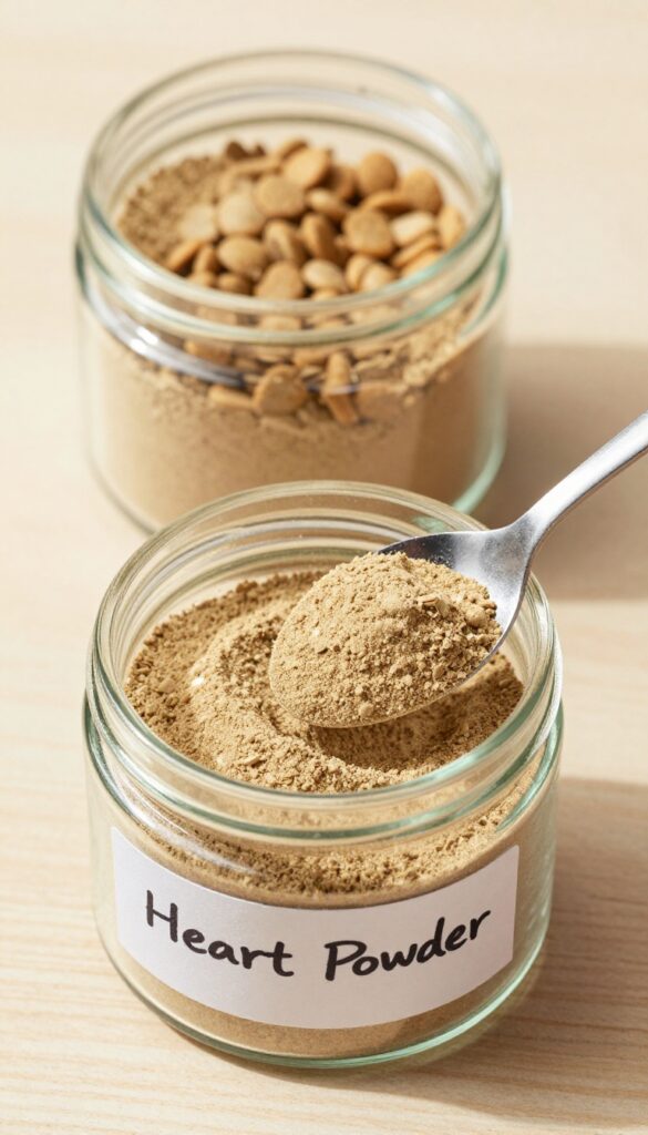 Homemade dehydrated heart powder being sprinkled over dog kibble in a bowl, with a jar and spoon on a wooden table.