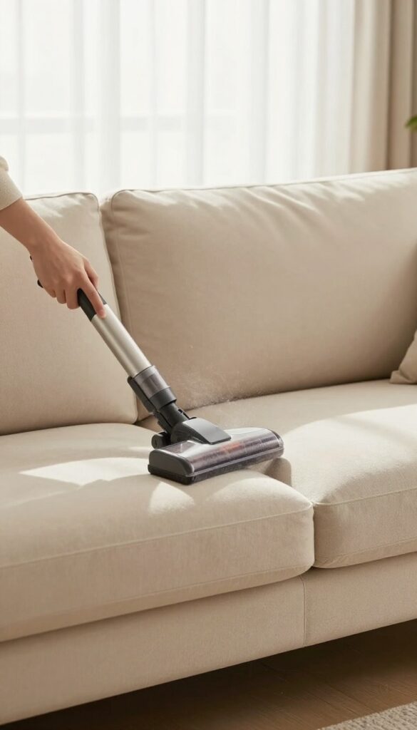 Person vacuuming a beige microfiber sofa with a soft brush attachment in a bright living room