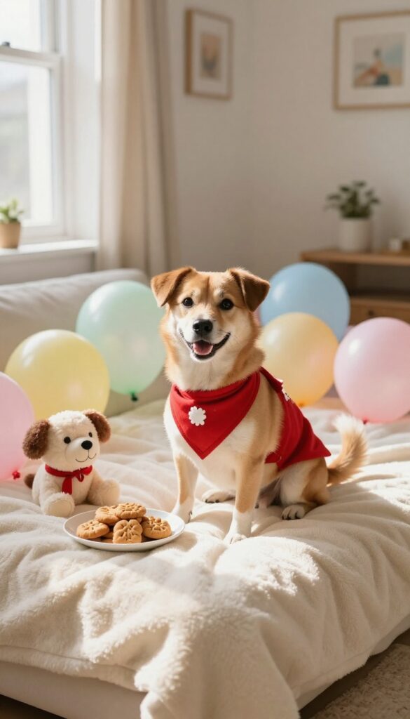 Dog wearing festive bandana with balloons and treats for a celebration day