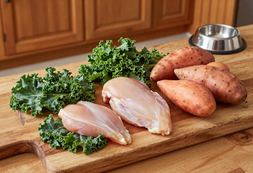 Homemade dog food ingredients including kale, chicken, sweet potatoes, and eggs on a wooden board.
