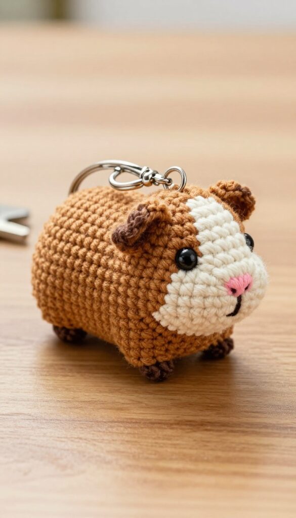 Tiny crochet guinea pig keychain charm on a wooden table with keys