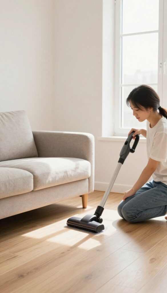 Person vacuuming under sofa in bright living room