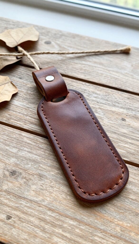 Leather wrapped dog tag on rustic wooden table with natural light