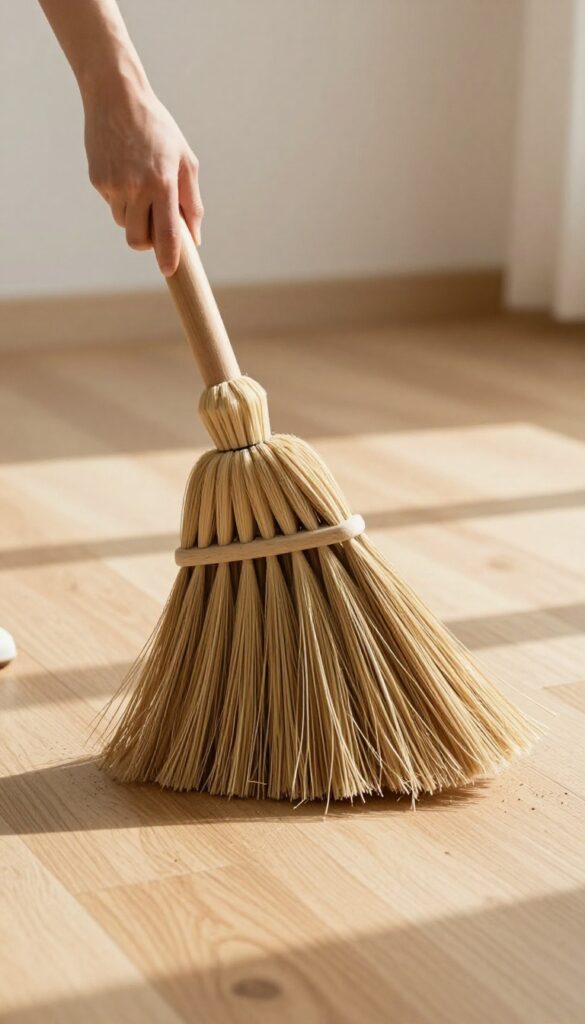 Person sweeping hardwood floor with soft-bristle broom