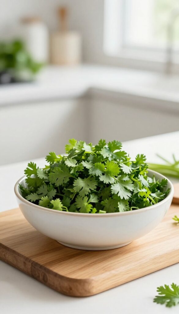 Chopped cilantro and parsley mix in a bowl on a wooden cutting board