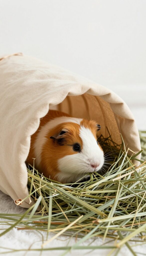 Guinea pig inside a hay tunnel in a clean cage