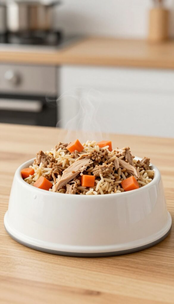Homemade dog food bowl with turkey, brown rice, and carrots, steam rising, on a wooden table in natural light.