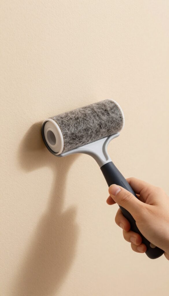 Person using a lint roller to remove pet hair and lint from a textured wall