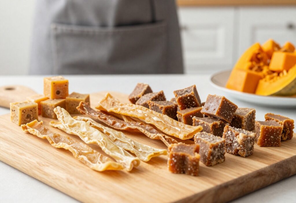 Homemade chicken gizzard dog treats in various forms on a wooden board