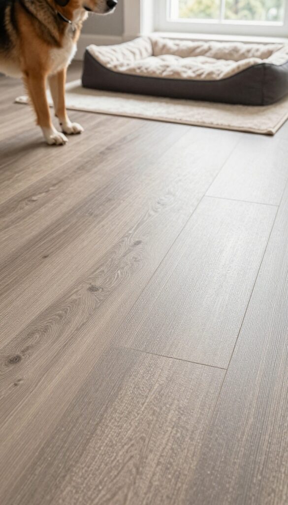 Slip-resistant flooring for a dog-friendly laundry room with a dog paw on textured vinyl plank